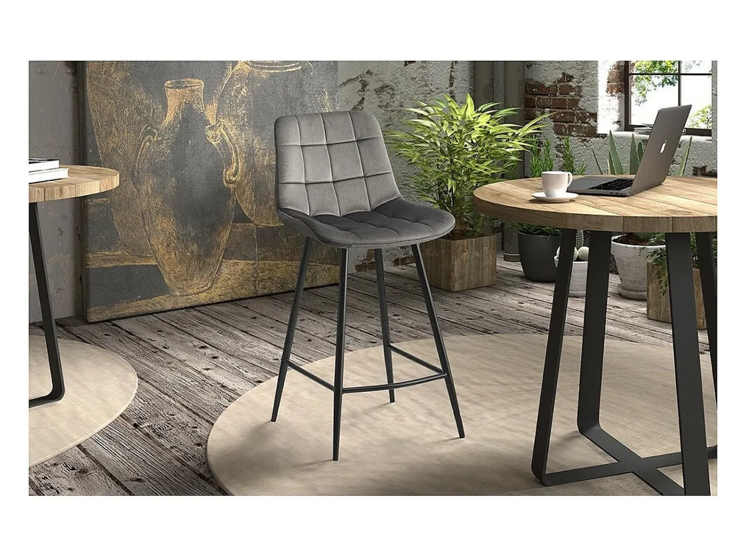 Silla de mostrador JUTE – Terciopelo topo – Patas de metal – Altura 95 cm – Estilo contemporáneo