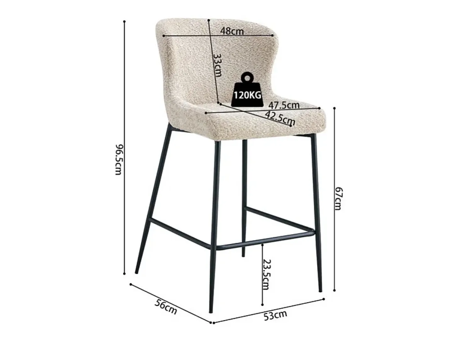 Silla de mostrador LISE – Tela rizada beige – Patas de metal negro - Estilo diseño/industrial