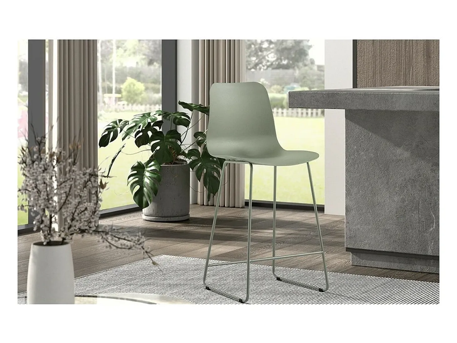 Silla de mostrador MARIO – PP verde grisáceo – Patas de metal – Altura 100,5 cm – Estilo moderno