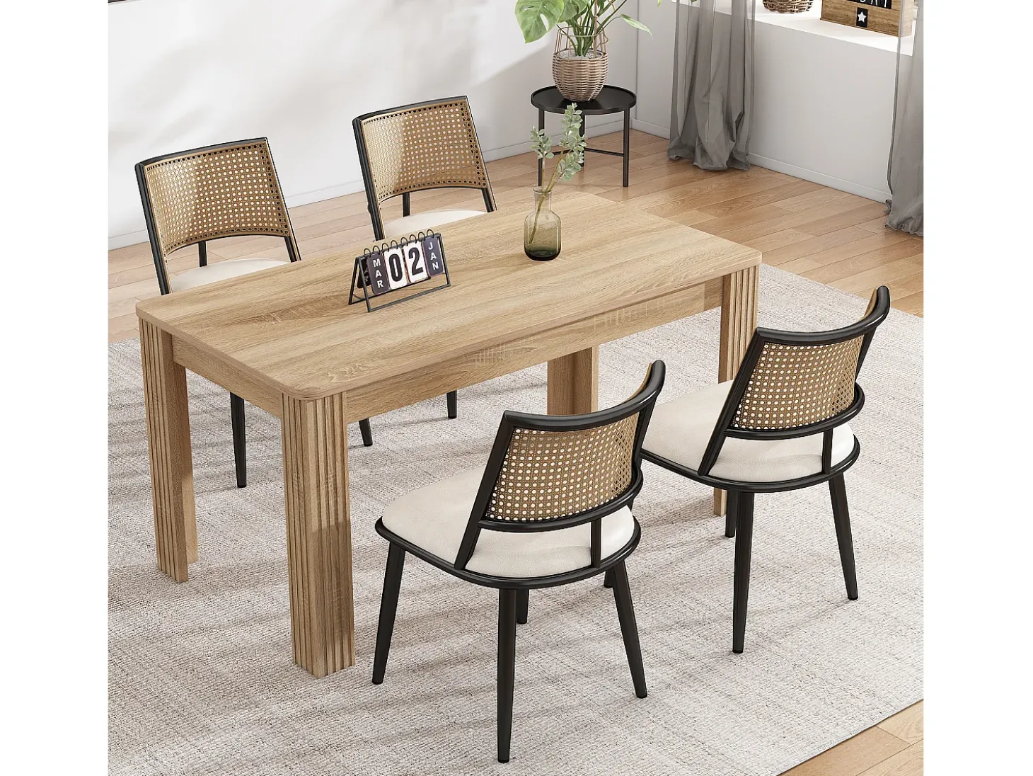 Silla de ratán con asiento de PU, diseño moderno, color negro (60x59x49 cm)