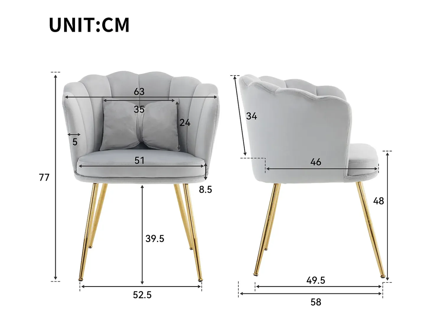 Silla de terciopelo con soporte lumbar - Patas de metal dorado - Gris