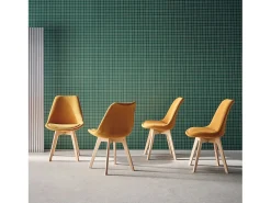 Silla escandinava de madera de haya y pana fina, set de 4 ocre
