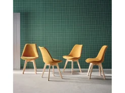 Silla escandinava de madera de haya y pana fina, set de 4 ocre