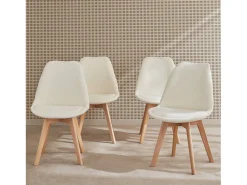 Silla escandinava de madera de haya y borreguito, set de 4 blanco