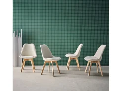 Silla escandinava de madera de haya y pana fina, set de 4 blanco roto