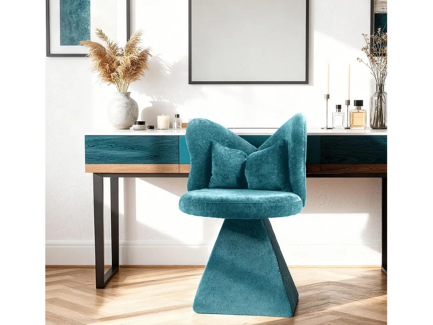 Silla giratoria con respaldo en forma de mariposa y soporte lumbar - Tela azul