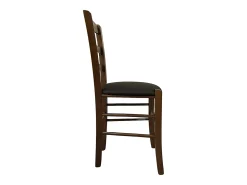 Silla rústica de madera de nogal oscuro con asiento acolchado marrón