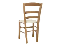 Silla rústica de madera en nogal claro con asiento de piel sintética beige