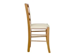 Silla rústica de madera en nogal claro con asiento de piel sintética beige