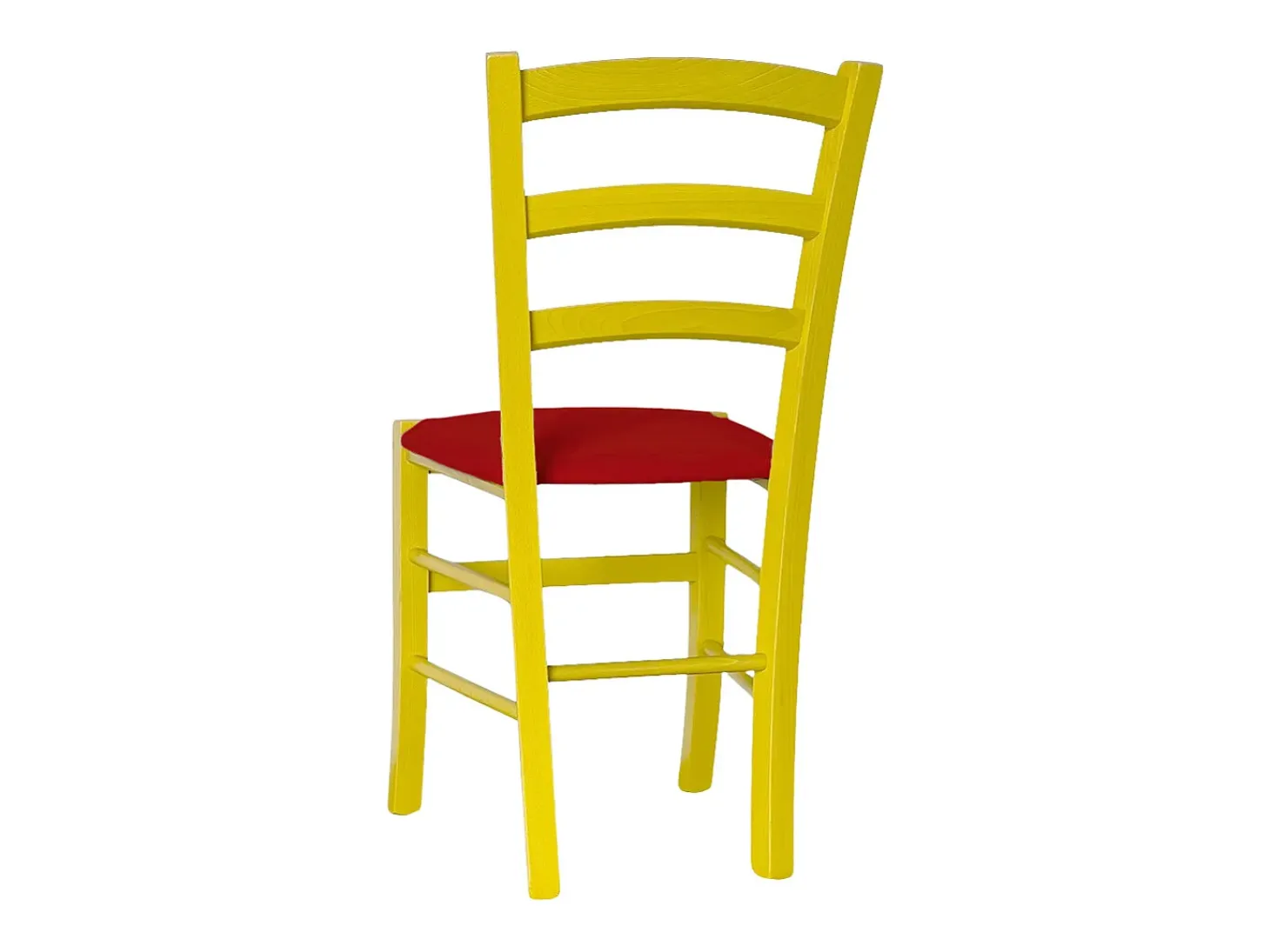 Silla veneciana de madera amarilla con asiento de piel sintética roja.