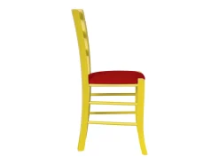 Silla veneciana de madera amarilla con asiento de piel sintética roja.