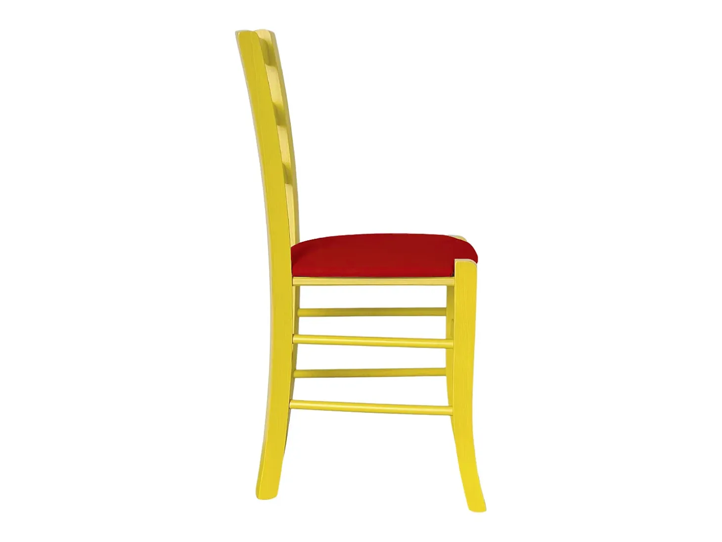 Silla veneciana de madera amarilla con asiento de piel sintética roja.