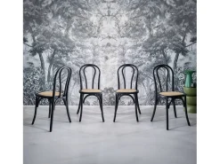 Silla vintage de madera y ratán, set de 4 negro