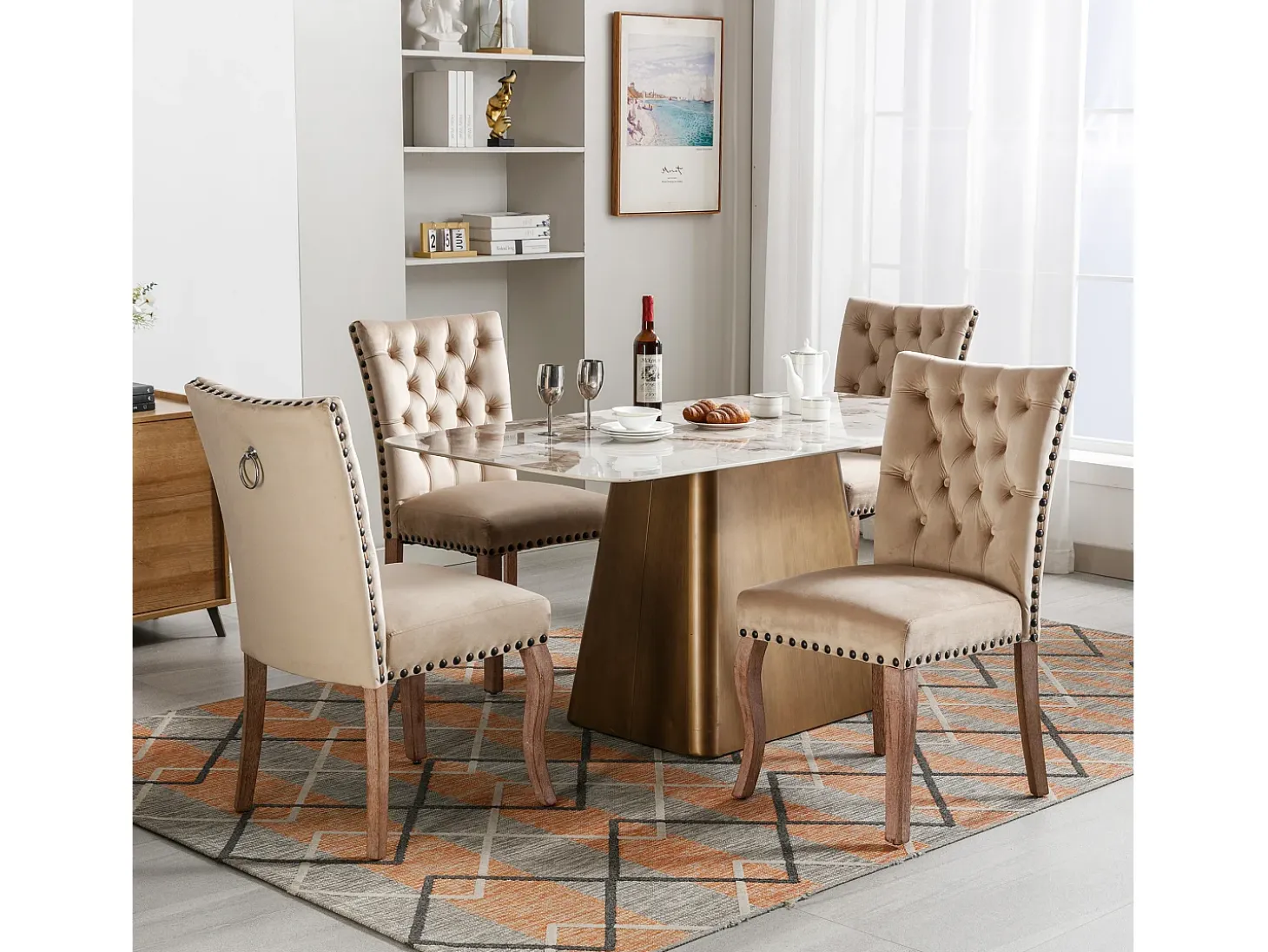 Sillas de comedor con campana decorativa, juego de 4, patas de madera maciza, terciopelo camel claro, clavos decorativos (49 x 63 x 95 cm)