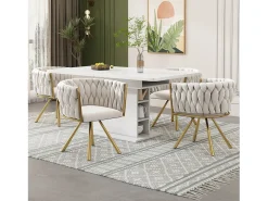 Sillas de comedor con respaldo capitoné, 4 piezas, tapizadas en terciopelo, patas de metal dorado, color beige (50 x 45 x 91 cm)