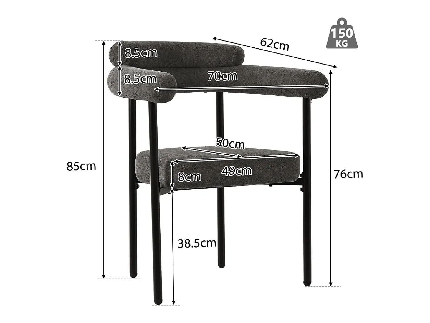 sillas de comedor de terciopelo gris oscuro con patas de metal, diseño cómodo y moderno (70 x 62 x 84 cm)