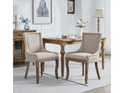 Sillas de comedor extragrandes, asientos acolchados de tela, tachuelas de bronce, juego de dos, beige