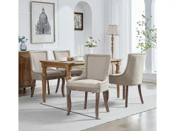 Sillas de comedor extragrandes, asientos acolchados de tela, tachuelas de bronce, juego de dos, beige
