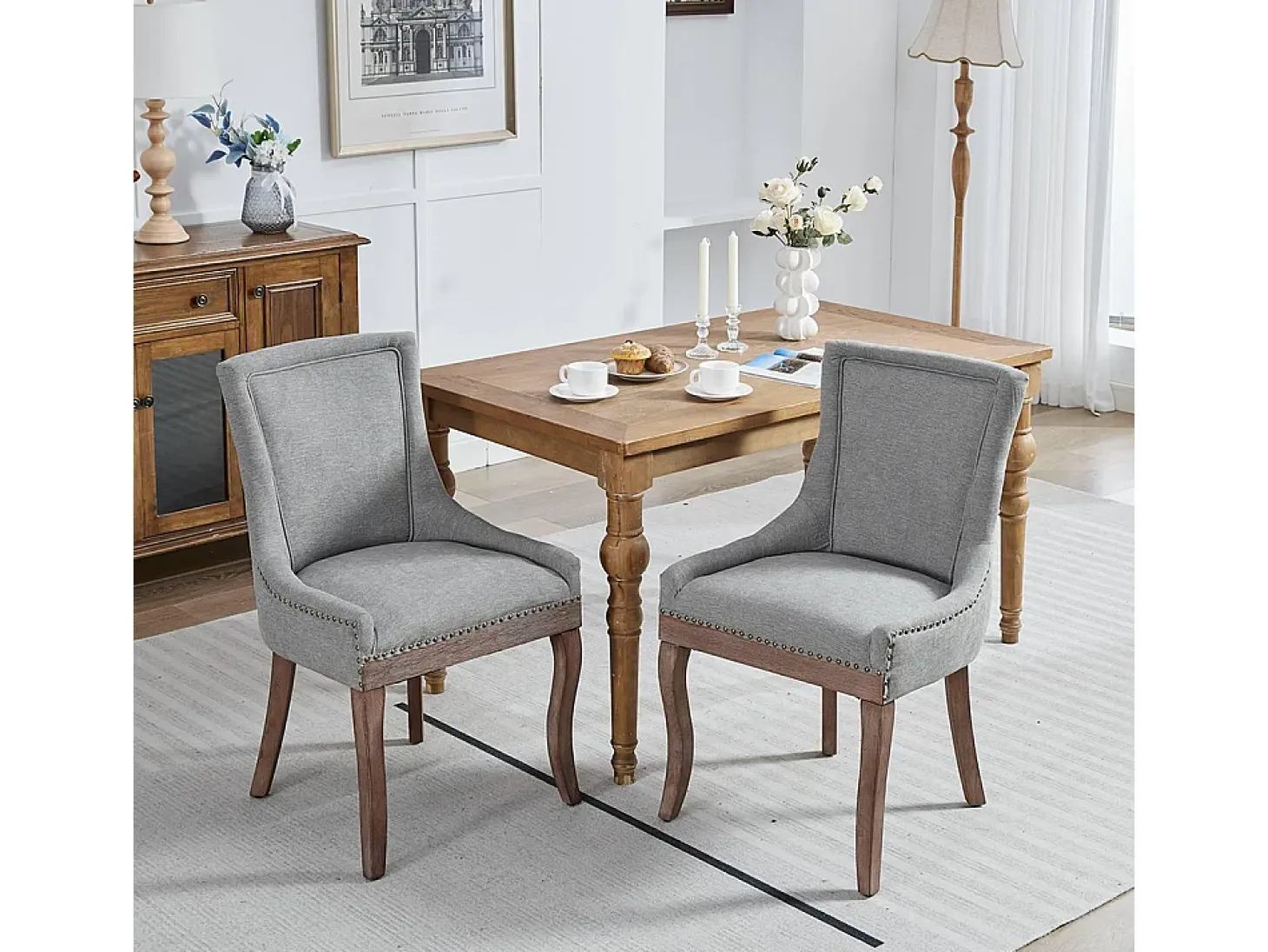 Sillas de comedor extragrandes, asientos acolchados de tela, tachuelas de bronce, juego de dos, gris