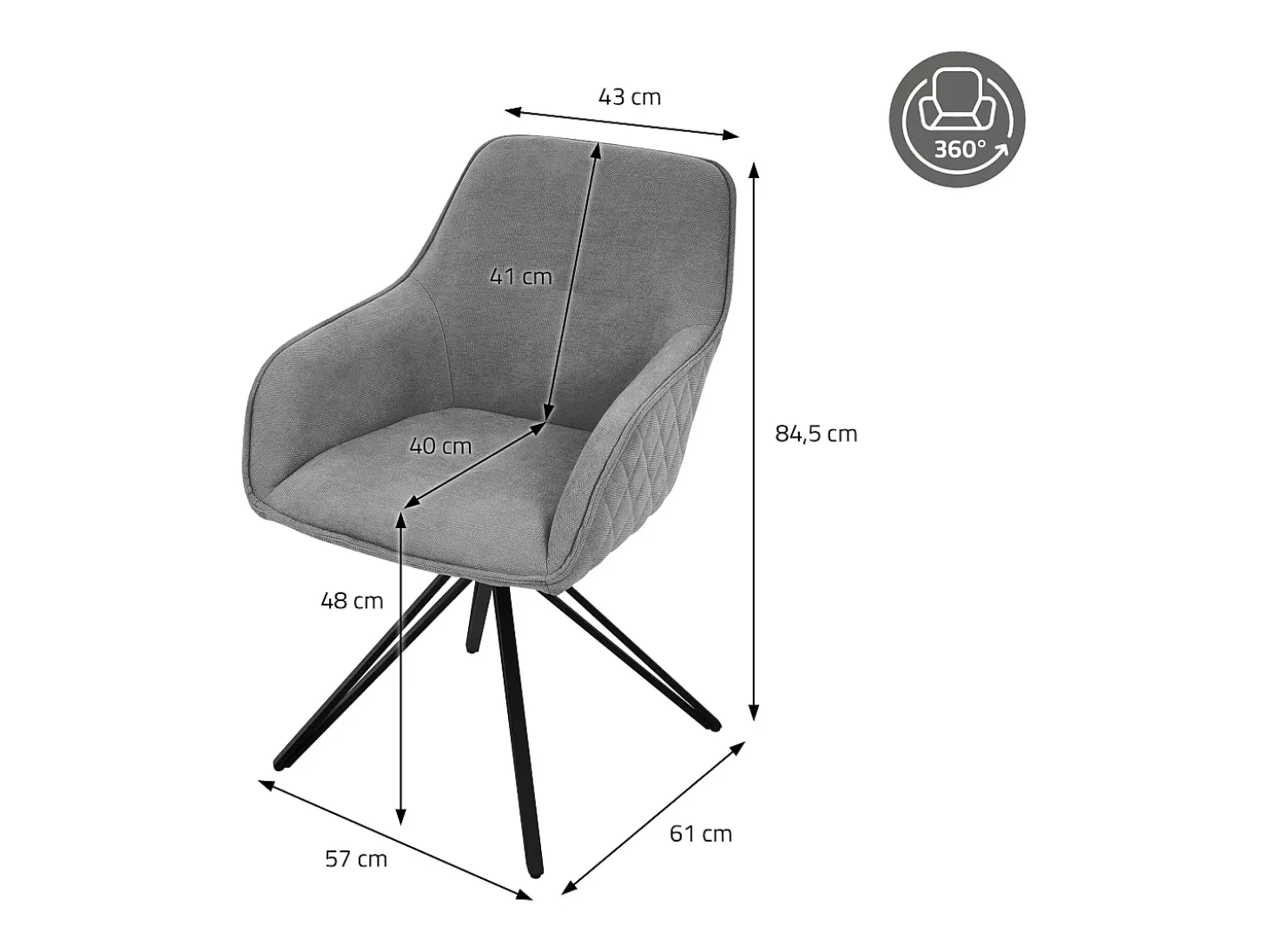 Sillas de comedor giratorio gris tela tejida asiento ergonómico y patas metal
