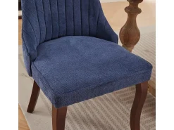 Sillas de comedor, juego de dos, tapizadas en tela con acolchado mullido, patas curvadas de madera maciza, lino, azul