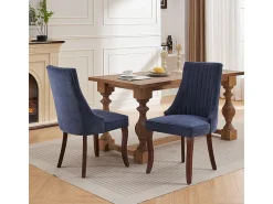Sillas de comedor, juego de dos, tapizadas en tela con acolchado mullido, patas curvadas de madera maciza, lino, azul