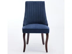 Sillas de comedor, juego de dos, tapizadas en tela con acolchado mullido, patas curvadas de madera maciza, lino, azul
