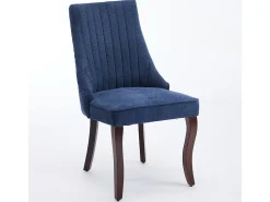 Sillas de comedor, juego de dos, tapizadas en tela con acolchado mullido, patas curvadas de madera maciza, lino, azul