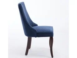 Sillas de comedor, juego de dos, tapizadas en tela con acolchado mullido, patas curvadas de madera maciza, lino, azul