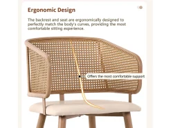 sillas de comedor, respaldo de ratán, asiento de PU, ergonómicas, de metal, color beige (47x51x79 cm)