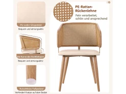 sillas de comedor, respaldo de ratán, asiento de PU, ergonómicas, de metal, color beige (47x51x79 cm)