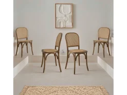 Sillas de madera y ratán vintage, set de 4 marrón viejo