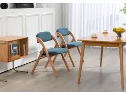 Sillas plegables con asiento acolchado, juego de 2, sillas de comedor apilables de madera, funda extraíble, color azul