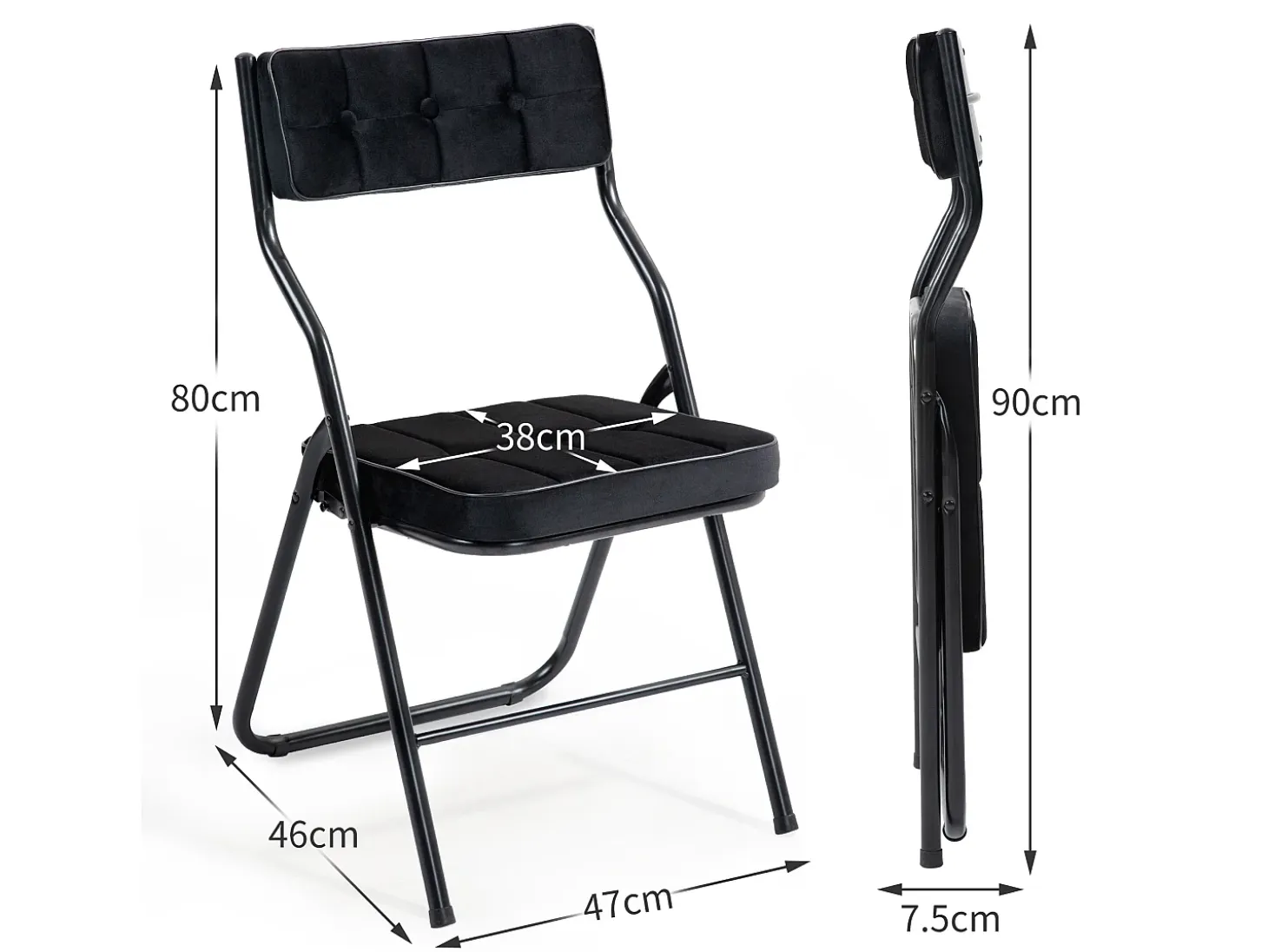 Sillas plegables de 2 piezas con cojín, sillas de comedor plegables, acero, negro (46x47x80 cm)