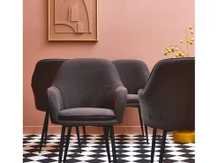 Sillón de terciopelo de canalé y patas de metal negro, set de 4 gris