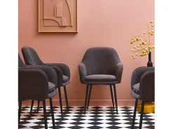 Sillón de terciopelo de canalé y patas de metal negro, set de 4 gris