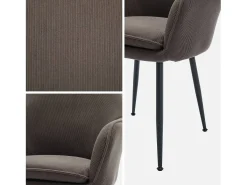 Sillón de terciopelo de canalé y patas de metal negro, set de 4 gris