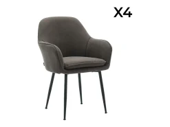 Sillón de terciopelo de canalé y patas de metal negro, set de 4 gris