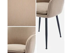 Sillón de terciopelo de canalé y patas de metal negro, set de 4 beige