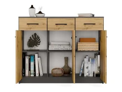 SIMPLO - Aparador de 109 cm con 3 puertas y 3 cajones - Antracita roble artesanal