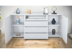Skadu V4 Cajonera, Cómoda con 2 Puertas, 3 Cajones y 1 Compartimento abierto, blanco mate/blanco de alto brillo (166,5 x 75,5 x 35 cm)