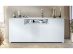 Skadu V4 Cajonera, Cómoda con 2 Puertas, 3 Cajones y 1 Compartimento abierto, blanco mate/blanco de alto brillo (166,5 x 75,5 x 35 cm)