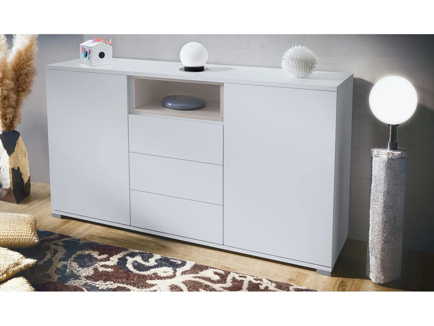 Skadu V2 Cajonera, Cómoda con 2 Puertas, 3 Cajones y 1 Compartimento abierto, blanco mate/gris arena de alto brillo (138,5 x 75,5 x 35 cm)