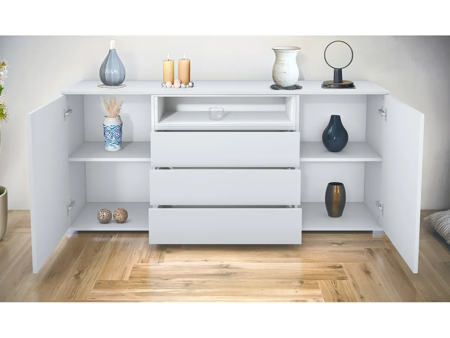 Skadu V4 Cajonera, Cómoda con 2 Puertas, 3 Cajones y 1 Compartimento abierto, blanco mate/blanco mate (166,5 x 75,5 x 35 cm)