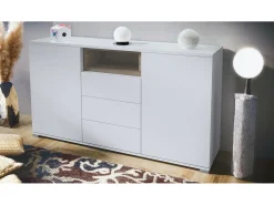 Skadu V2 Cajonera, Cómoda con 2 Puertas, 3 Cajones y 1 Compartimento abierto, blanco mate/Roble Evoke (138,5 x 75,5 x 35 cm)