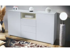 Skadu V2 Cajonera, Cómoda con 2 Puertas, 3 Cajones y 1 Compartimento abierto, blanco mate/crema de alto brillo (138,5 x 75,5 x 35 cm)