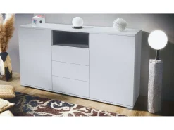 Skadu V2 Cajonera, Cómoda con 2 Puertas, 3 Cajones y 1 Compartimento abierto, blanco mate/antracita mate (138,5 x 75,5 x 35 cm)