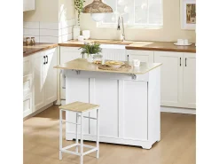 SoBuy carrito de cocina con ruedas encimera de madera extensible 2 cajones estantes ajustables blanco 113x91x44-69 cm