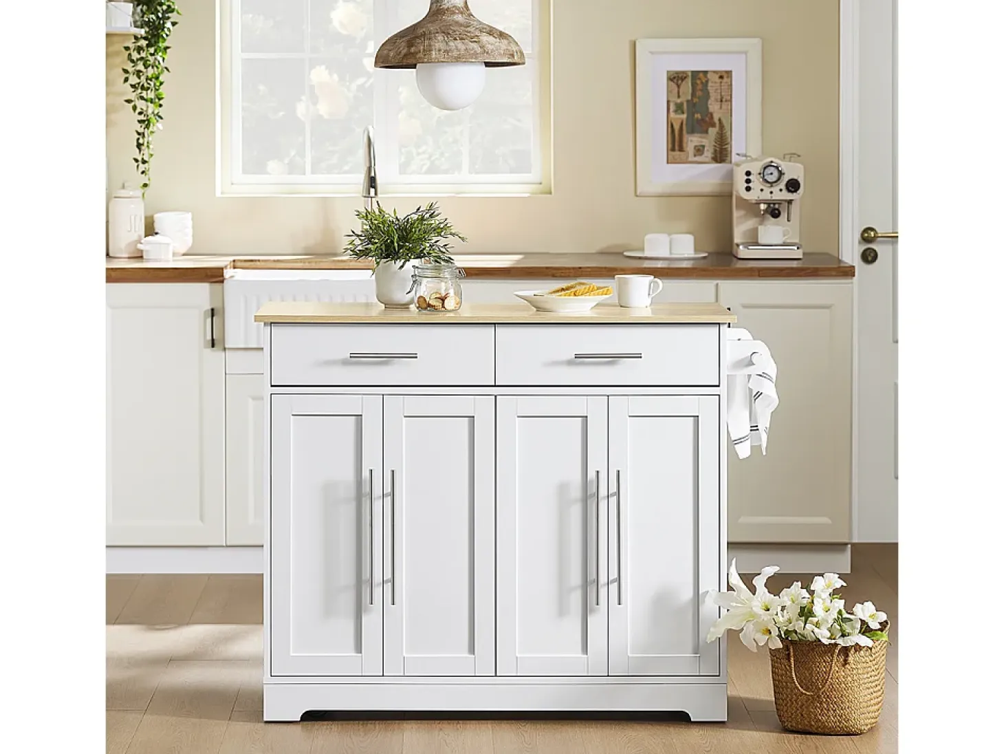 SoBuy carrito de cocina con ruedas encimera de madera extensible 2 cajones estantes ajustables blanco 113x91x44-69 cm