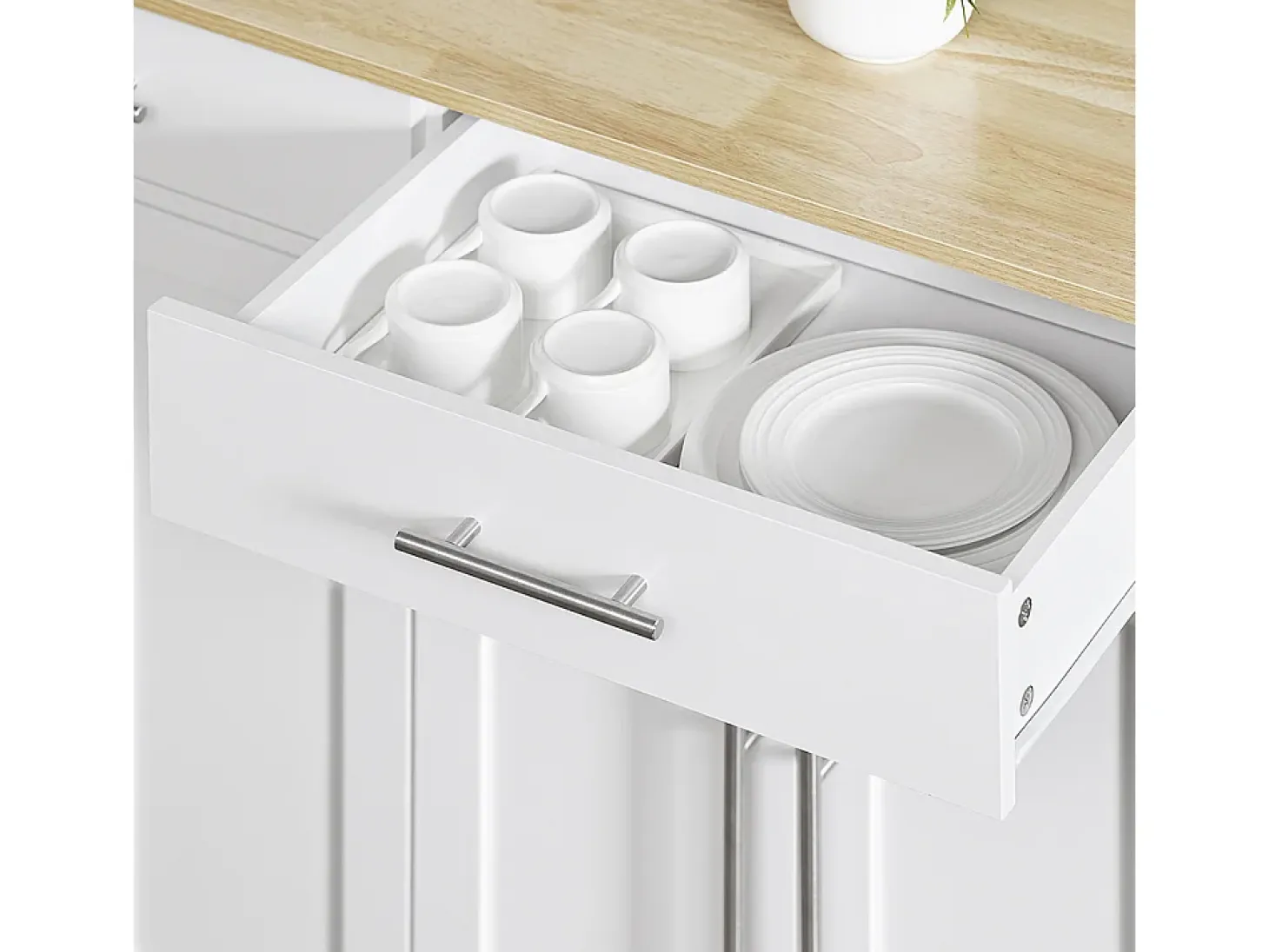 SoBuy carrito de cocina con ruedas encimera de madera extensible 2 cajones estantes ajustables blanco 113x91x44-69 cm